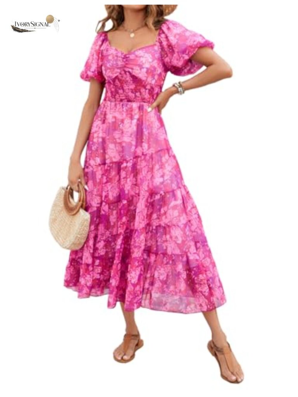 Women Floral Maxi Dress Short Puff Sleeve V Neck Smocked Chiffon Casual